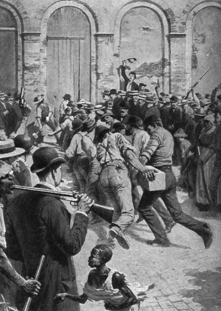 An angry mob breaks down the tour to the parish prison before lynching the Italians they believed were responsible for the murder of police chief David Hennessy. Photo from E. Benjamin Andrews’ “History of the United States.” Courtesy of Wikipedia.
