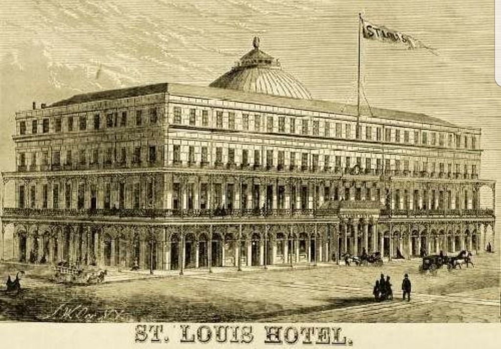 A drawing of the St. Louis Hotel—formerly the Exchange Hotel—on the corner of Exchange Passage and St. Louis Street. Courtesy of storyvilledistrictnola.com.
