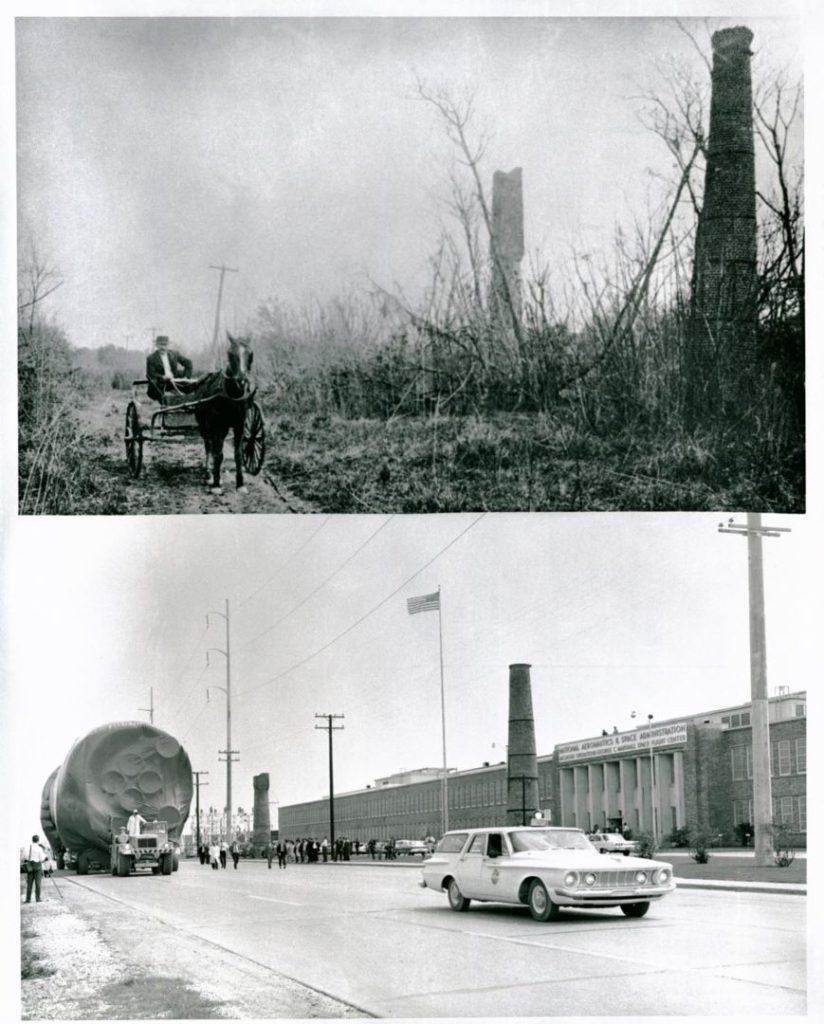 Both photos of the same location on the former Michoud property, as can be seen by the two smokestacks from Michoud’s sugar plantation. The top half is from the 19th century, while the bottom half is from the 1960s. Courtesy of NASA.