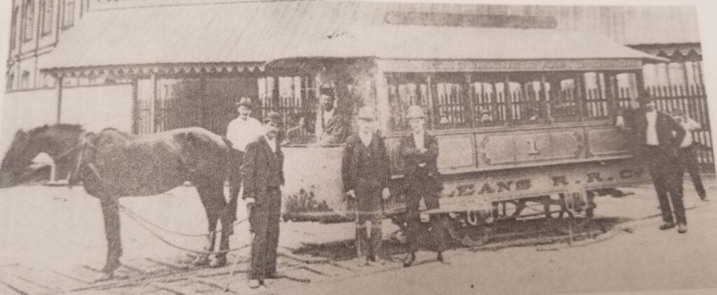 Duckback roof sported by Orleans Railroad mule-powered car on the Canal, Dumaine and Fair Grounds Line in approximately 1880. Photographs taken from The Streetcars of New Orleans by Louis C. Hennick, © Louis C. Hennick, used by permission of the publisher, Pelican Publishing.
