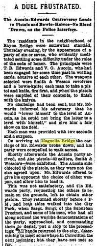 An article from The Daily Picayune on February 17, 1878 tells of an avoided duel at the former Magnolia Bridge.