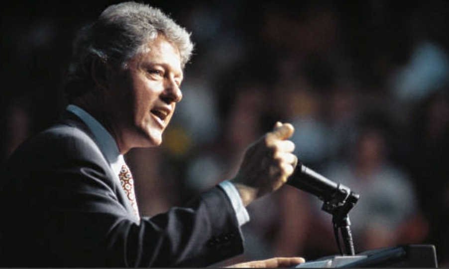 President Clinton speaks in New Orleans with that famous thumb/pointer grip.
