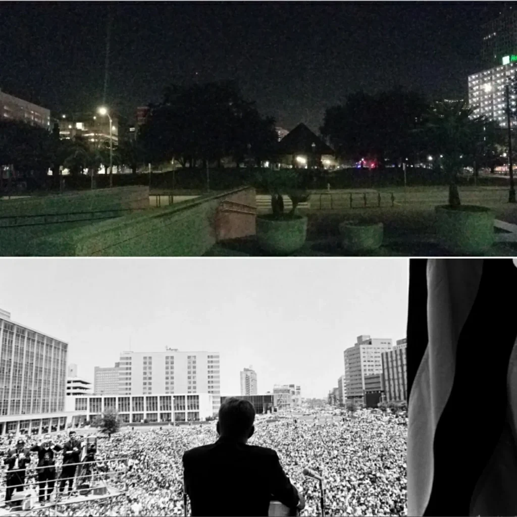 Top photo taken in 2018 from outside City Hall.  Bottom photo taken from the second floor, on the balcony outside City Hall on May 4, 1962.  Bottom photo is from behind Kennedy overlooking his adoring crowd.  Both photos show Duncan Plaza from the City Hall building.