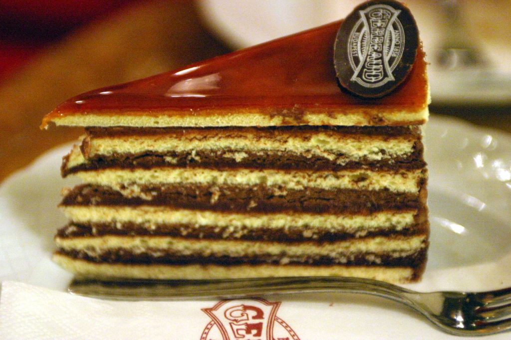 A slice of dobos torte from a bakery in Budapest, Hungary.