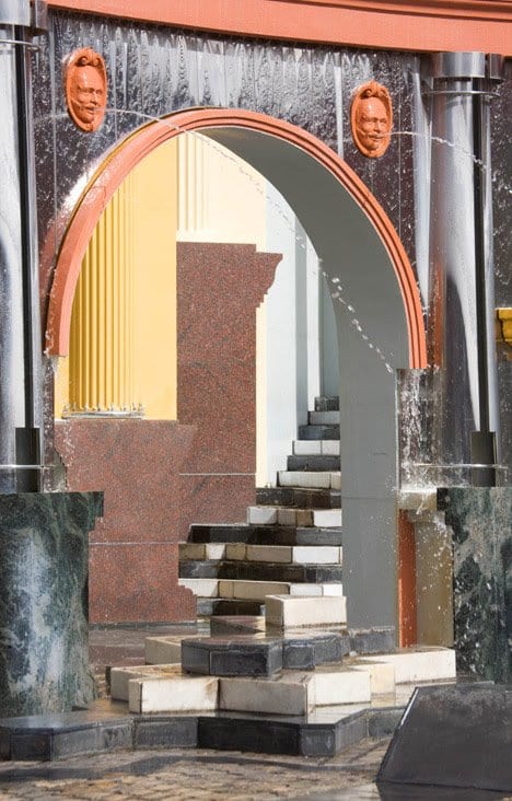 Piazza d’Italia is full of hidden secrets. Some are funny! For example, August Perez and Associates had the fountains, shown here, designed to emulate architect Charles Moore’s face. Photo courtesy of Kevin Keim of the Charles Moore Foundation.