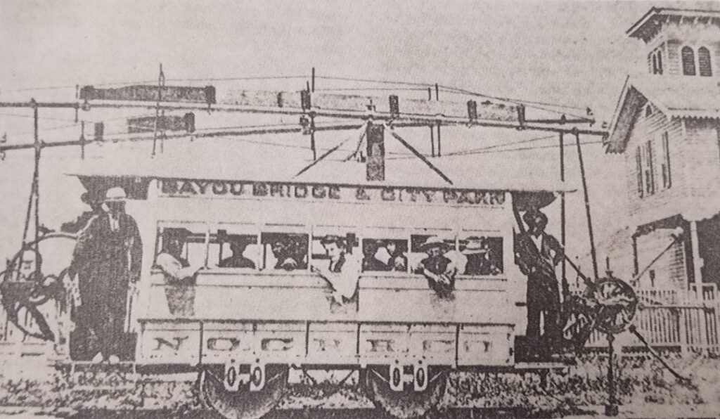 The famous walking beam car. About 1871, in front of Canal Station barn which is located at White Street to this day. Photographs taken from The Streetcars of New Orleans by Louis C. Hennick, © Louis C. Hennick, used by permission of the publisher, Pelican Publishing.