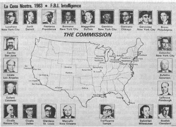 A 1963 FBI chart showcasing the heads of mafia families across America. Courtesy of Wikipedia.