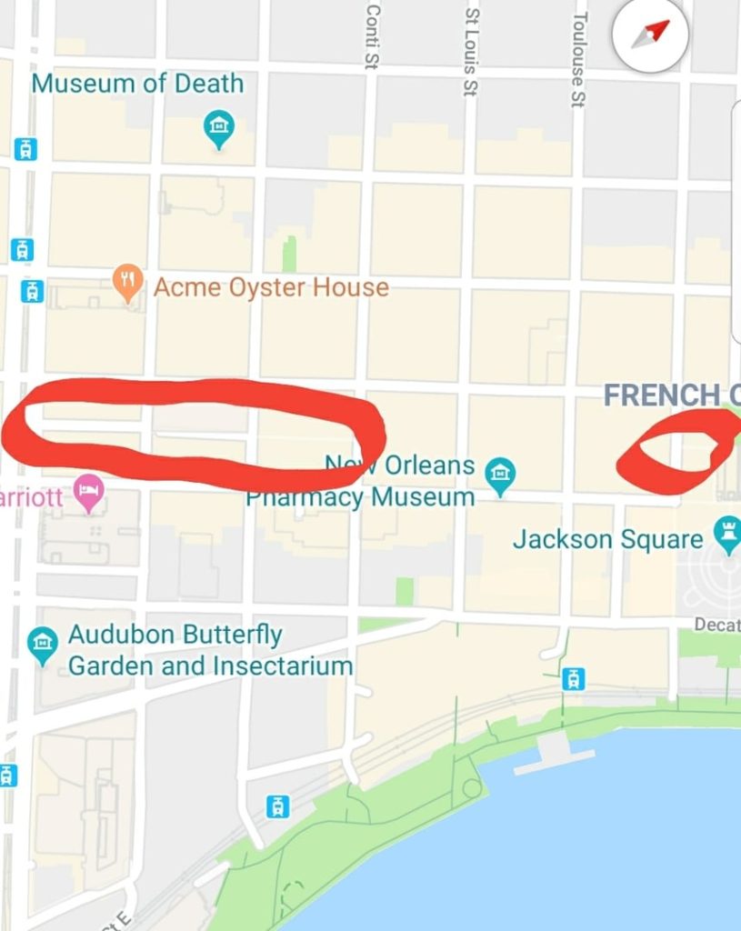 A portion of the French Quarter. The street separated by a median to the left is Canal Street heading toward the Mississippi River at the bottom of the screen. The two areas circled in red are surviving remnants of Exchange Passage. Courtesy of Google Maps.