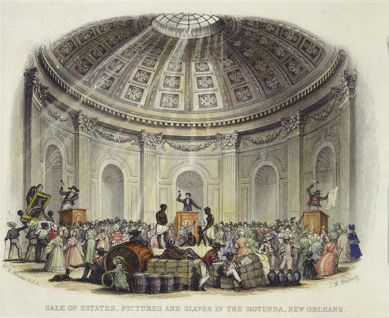 Interior view of a room with a rotunda ceiling during an auction of slaves, artwork, and goods. Courtesy of Sale of Estates, Pictures and Slaves in the Rotunda, New Orleans; by William Henry Brooke, engraver; engraving with watercolor from The Slave States of America, vol. 1; London: Fisher and Son, 1842