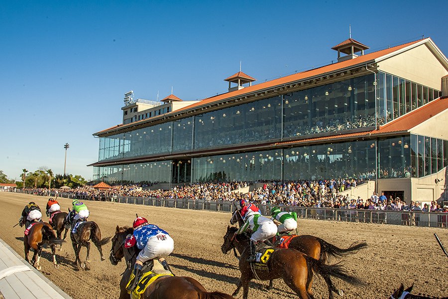 A race at the Fair Grounds Race Course & Slots in New Orleans. The grandstands overlook the track.