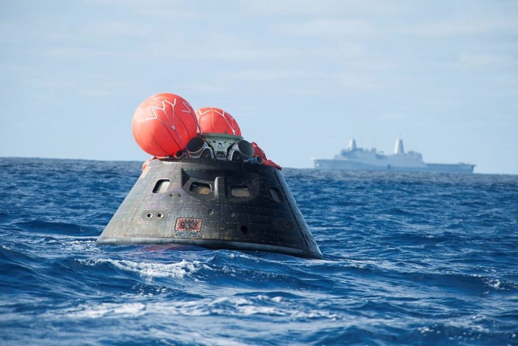 The Orion crew module, built in New Orleans at the Michoud Assembly Facility, floats in the Pacific Ocean after a successful flight test in 2014. Image: U.S. Navy.