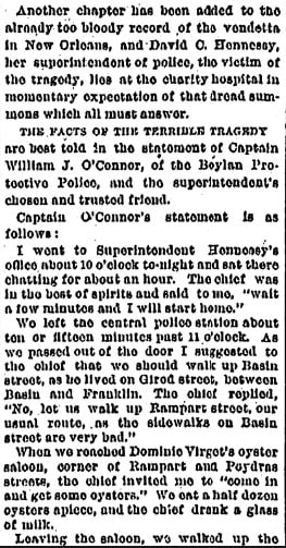 Part of the account of Hennessy’s murder, from the October 16, 1890 edition of the Times-Picayune.