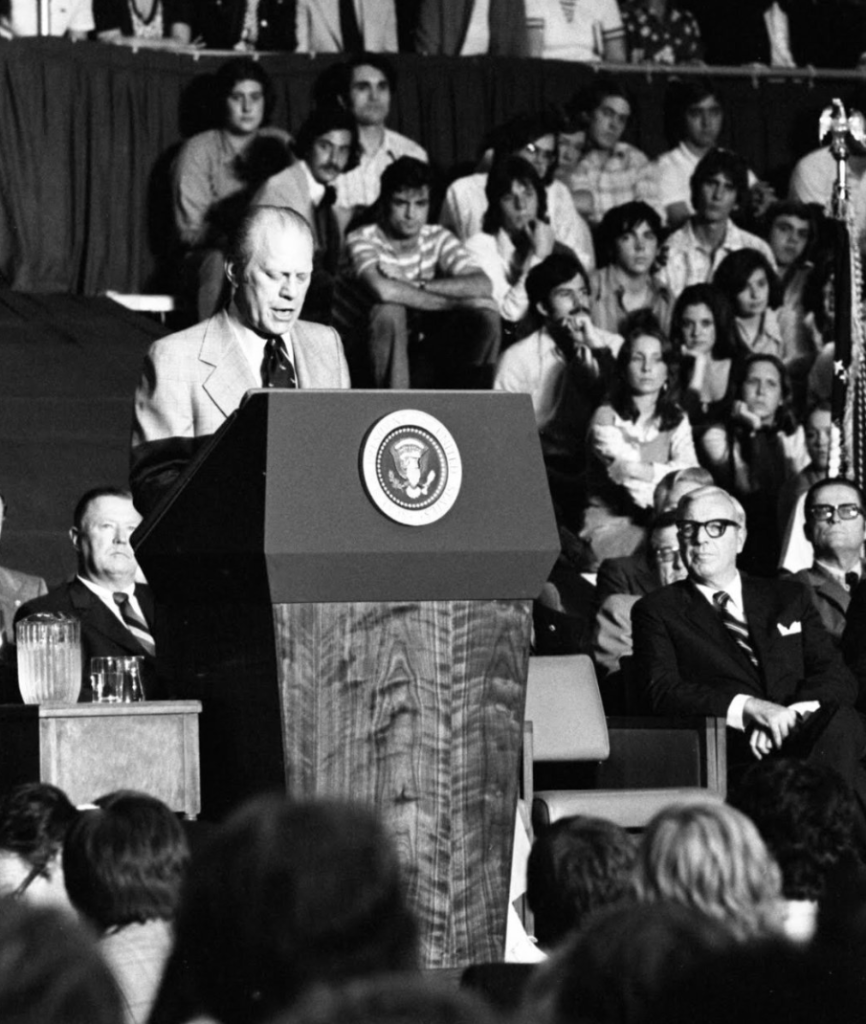 President Ford speaking at Tulane University on April 23, 1975.