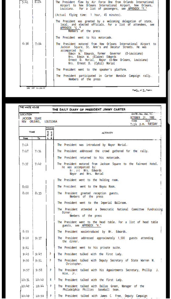 President Carter’s schedule during his October 21, 1980 visit to New Orleans.