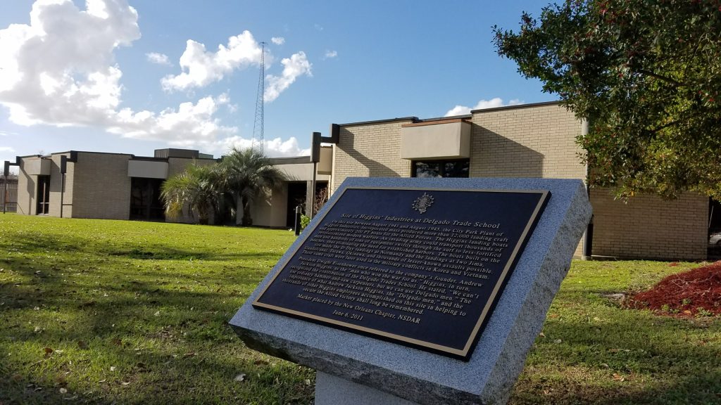 A plaque outside Delgado Community College commemorates the former site of Higgins Industries, visited by FDR and then-Vice President Truman.