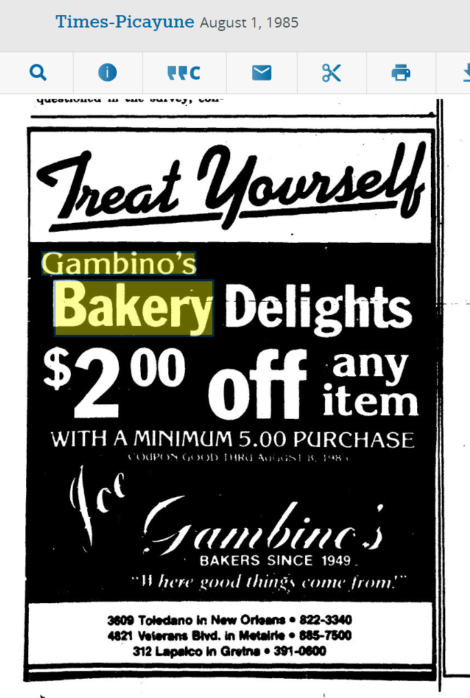 An ad from the August 1, 1985 edition of the Times-Picayune.