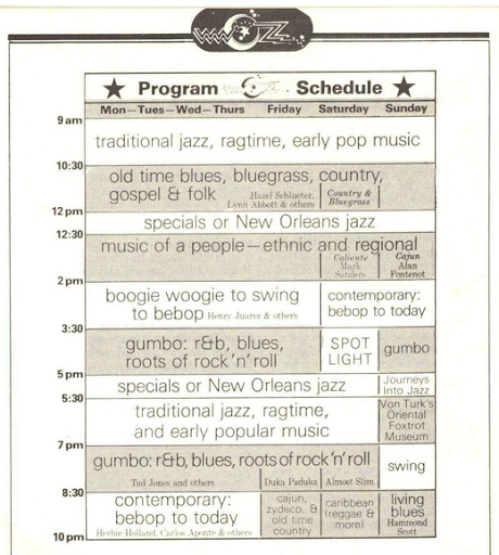 Photo Credit: WWOZ. The original 1980 schedule for WWOZ programming bears quite a few resemblances to todays.